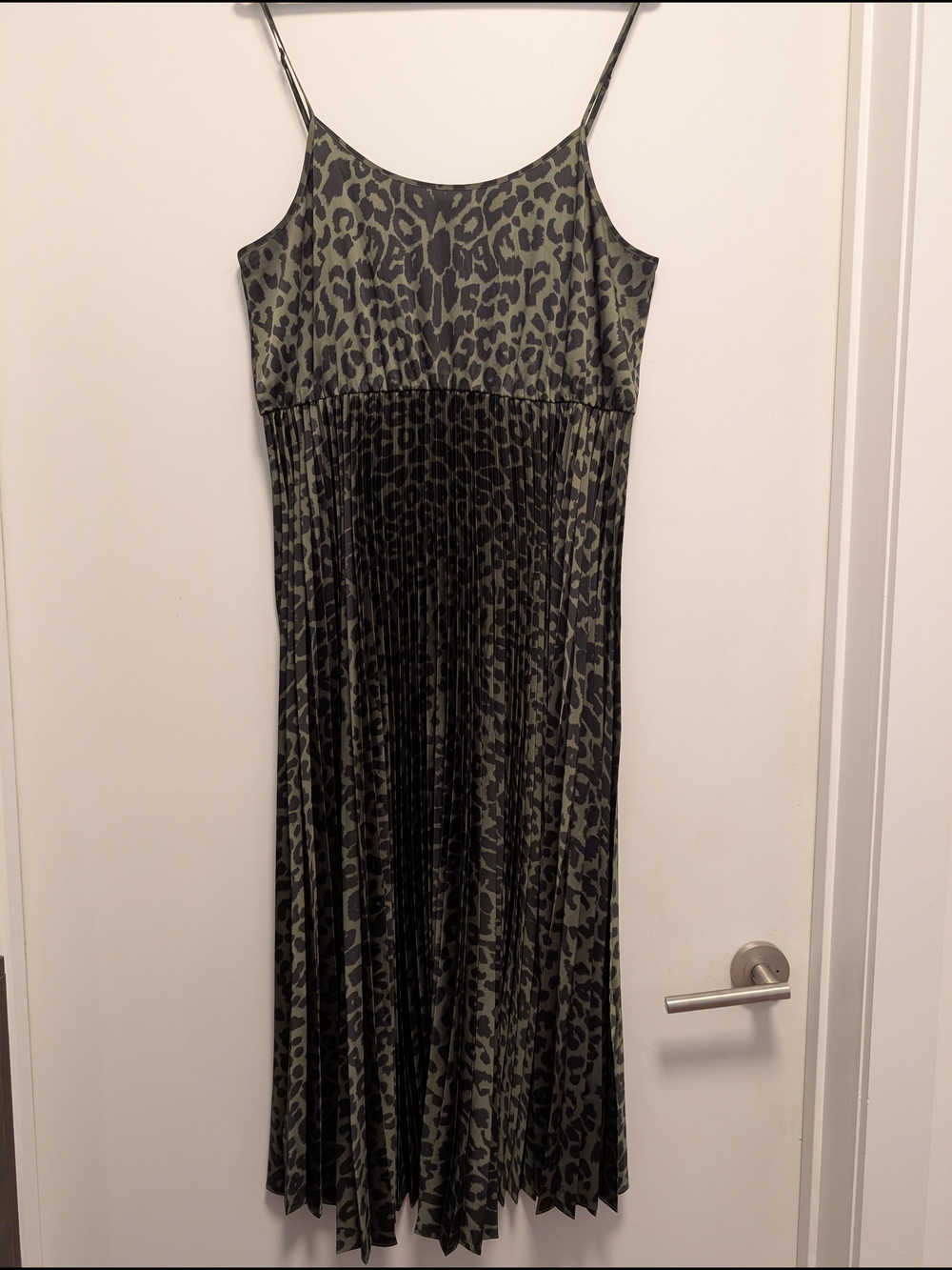 All Saints Olive Green Leopard Print Pleated Slip Dress